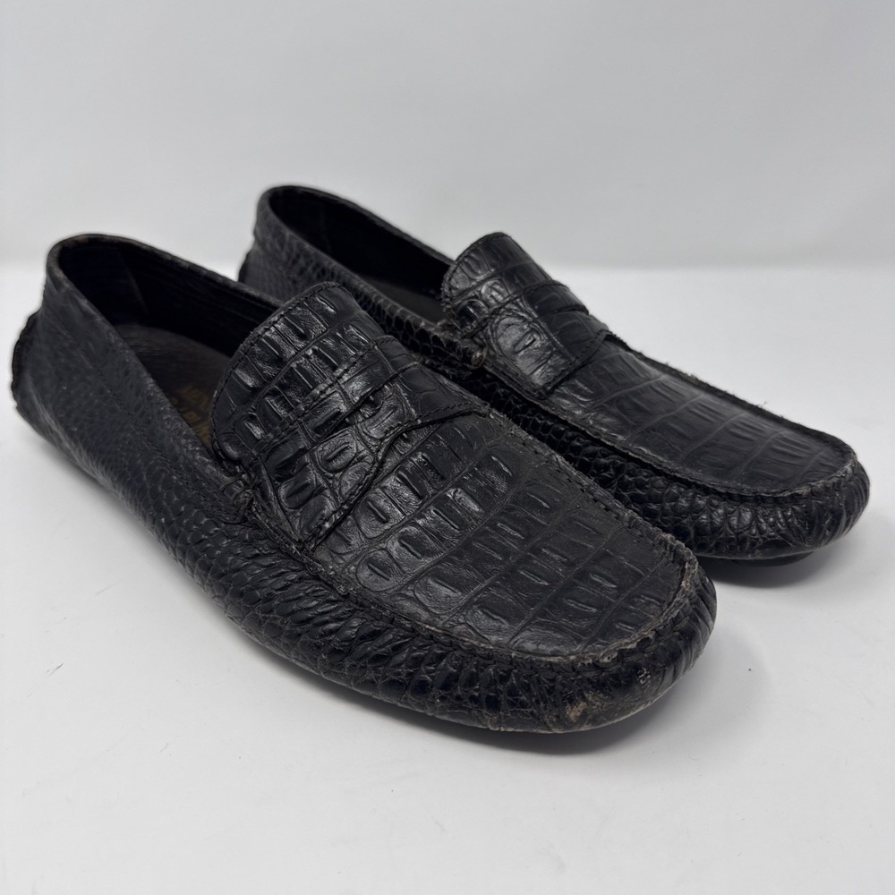 Donald J Pliner Men's 8 Dress Loafers Croc Embossed Leather Slip-On Driver Black